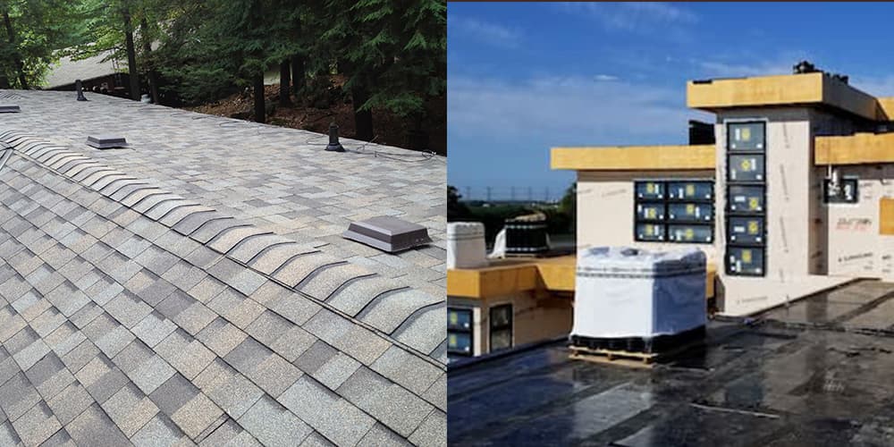Side by side comparison of a flat roof house vs. pitched