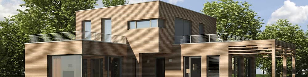 A flat roof house with railings