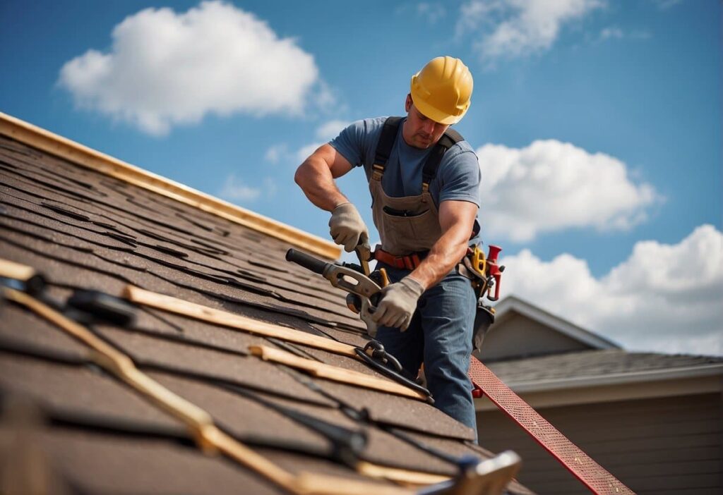 A roofer replacing shingles on a house, surrounded by tools and materials. A ladder leans against the roof, while the sky is clear