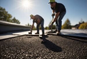 flat roofers repair a garage roof