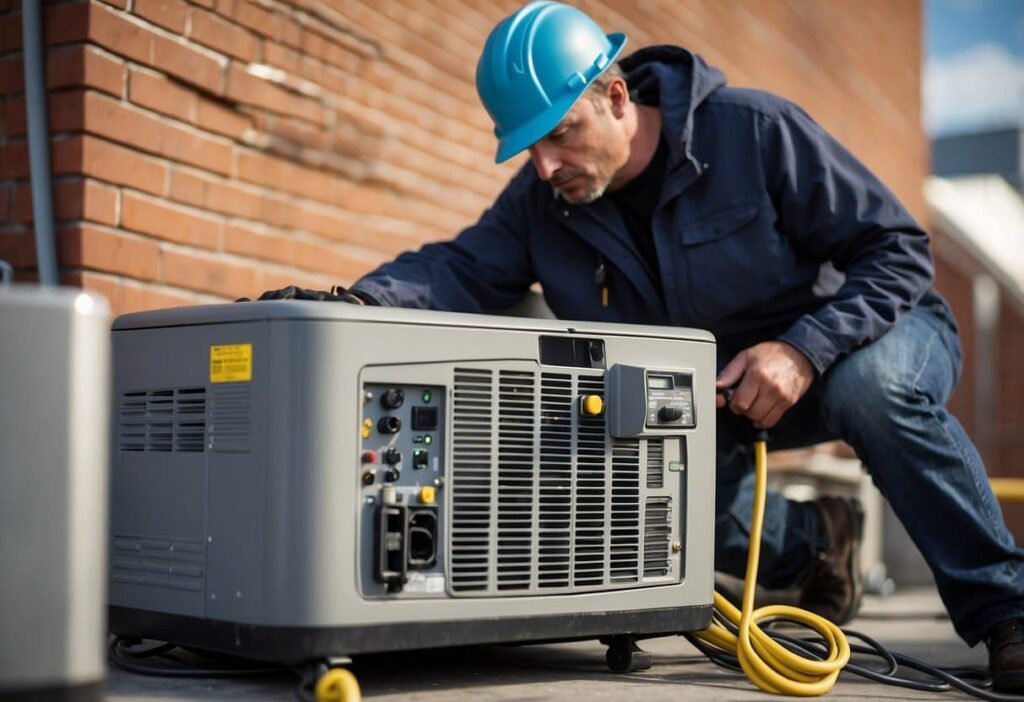 A generator is being installed on a rooftop by an electrician. The electrician is working with tools and equipment to secure the generator in place