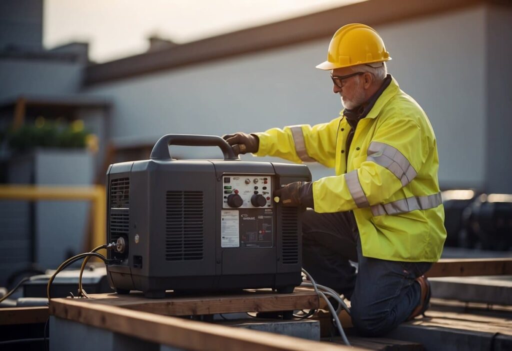 A generator is being installed on a rooftop by an electrician. The electrician is working with tools and equipment to secure the generator in place