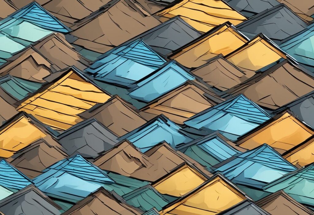 A stack of low-quality shingles with Chinese labels, surrounded by cracked and damaged roofs