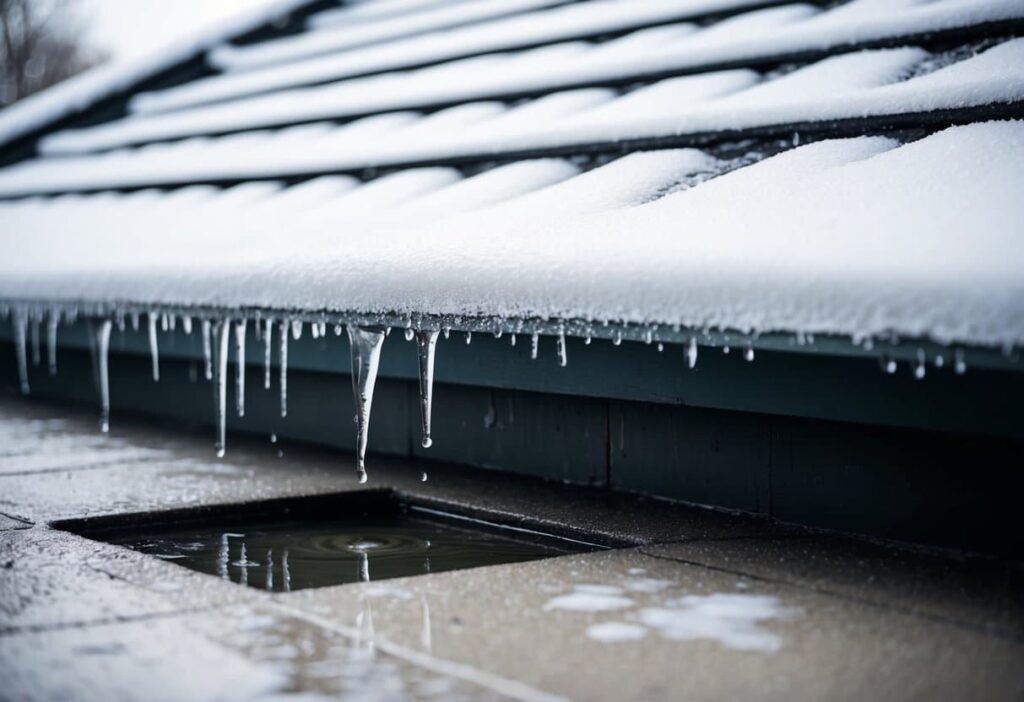 Snow-covered roof with icicles hanging from the edges. Water dripping through a hole in the roof, creating a small puddle on the floor