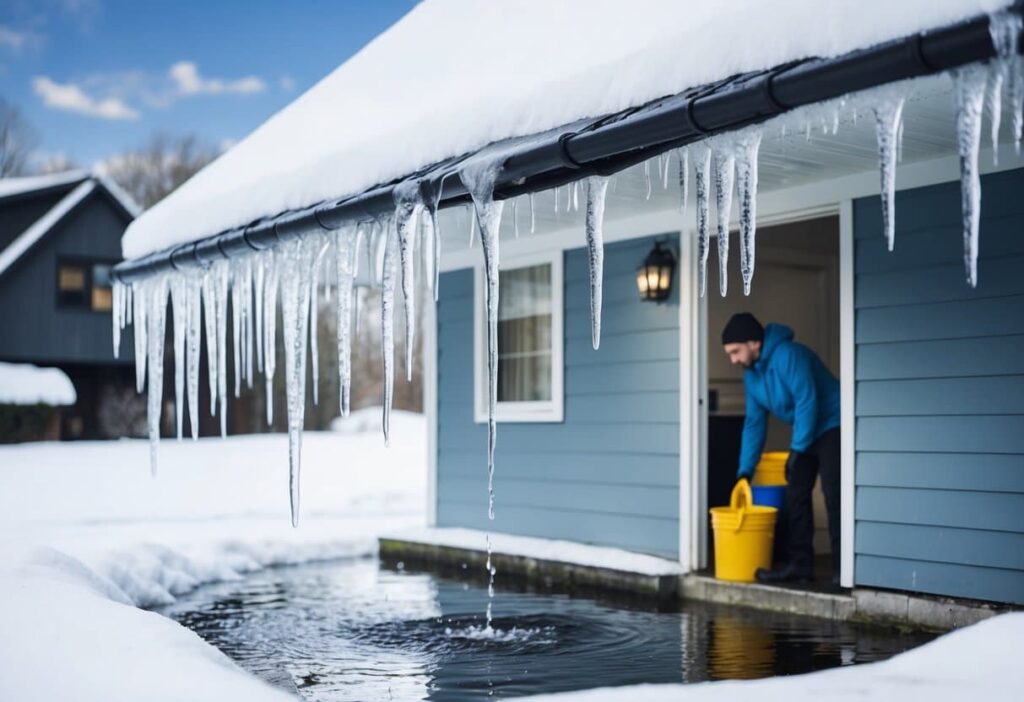 winterized roofing services can prevent this flood of ices water in front of the guys house