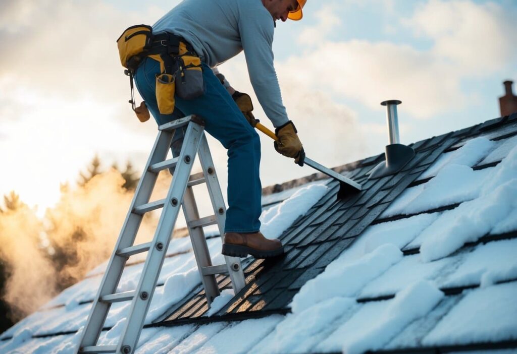 CD Roofin contractor working on a roof with snow and ice