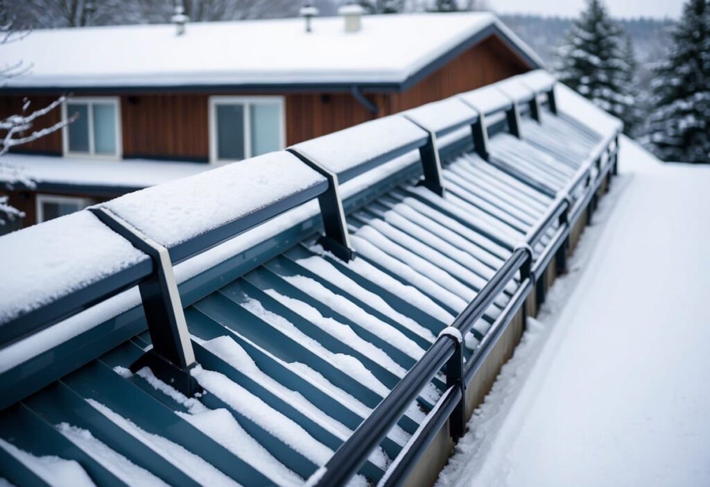 Snow-covered metal roof with snow guards on one side and snow rails on the other, contrasting in design and placement