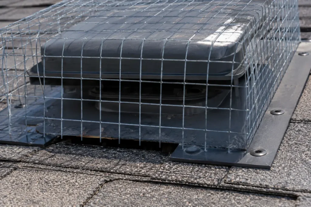 Close-up of a wire cage installed over a plastic roof vent showing gaps at the base where animals can still enter.