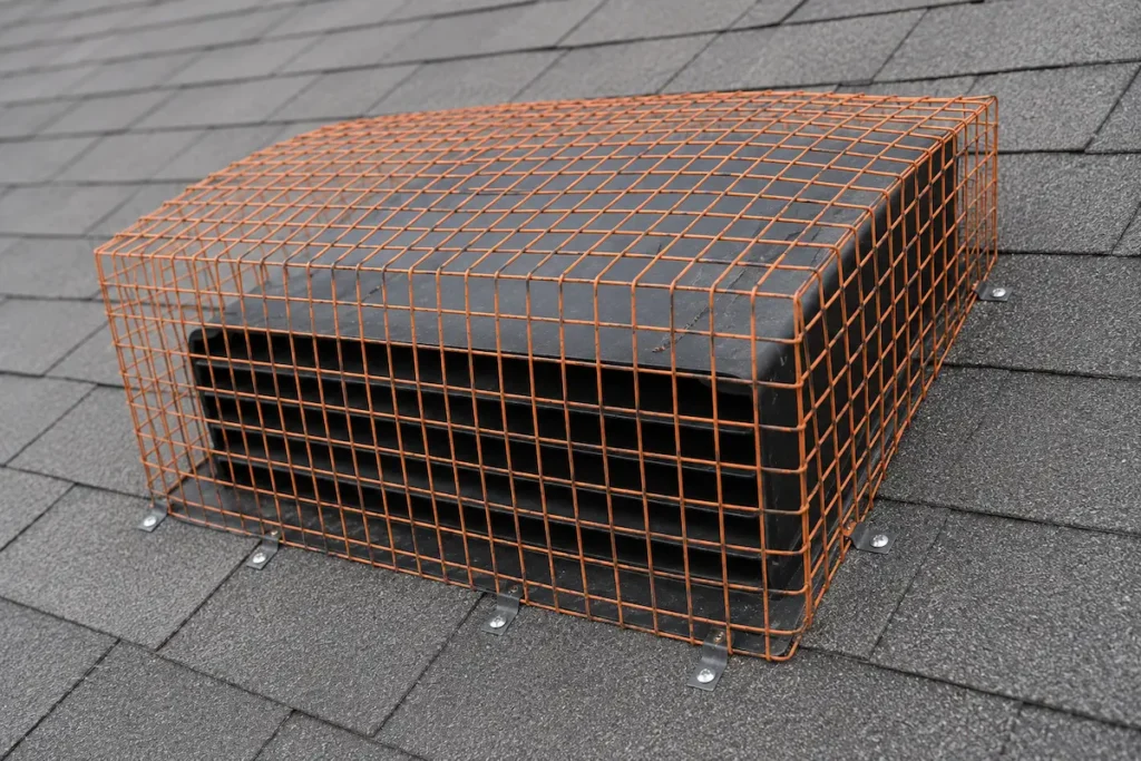 Crude wire mesh cage installed over a wide roof vent, screwed directly through asphalt shingles instead of being integrated with flashing