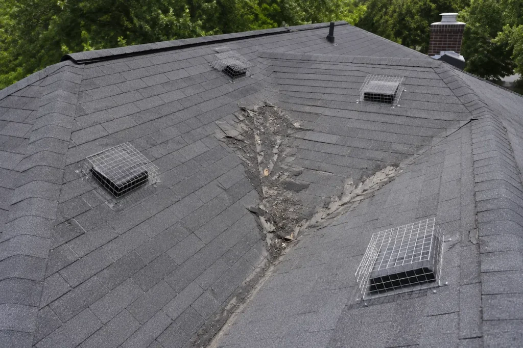 Roof with multiple caged vents and visible shingle damage along the valley