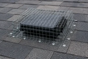 Wildlife exclusion cage installed over a roof vent with mesh screwed through the surrounding shingles