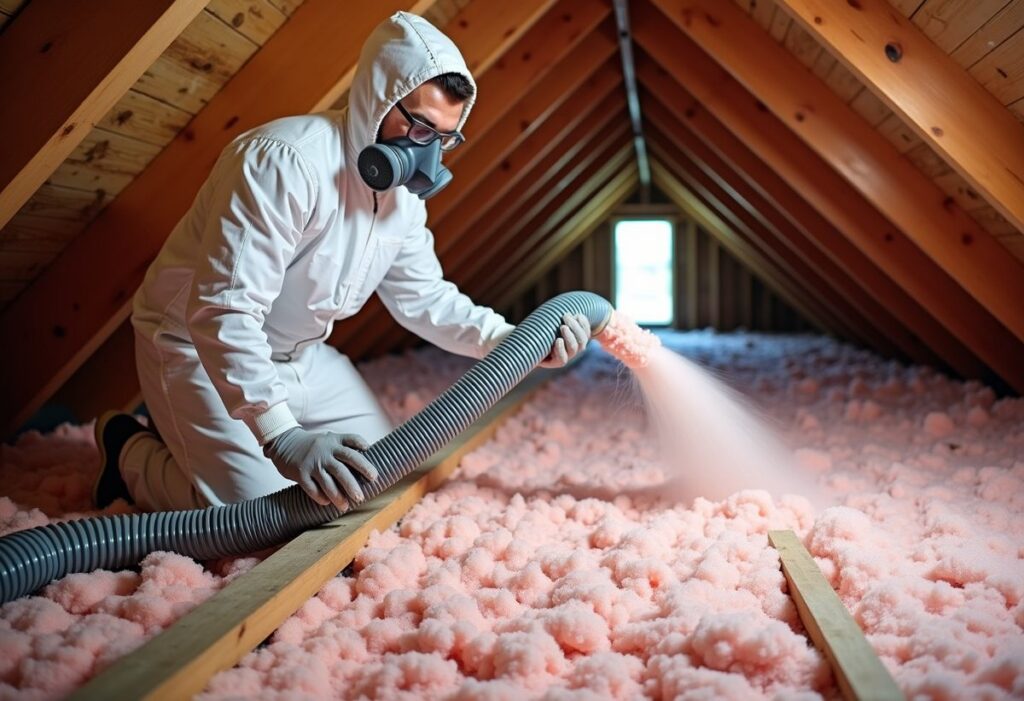 Crew member blowing fibreglass insulation into a Whitby attic
