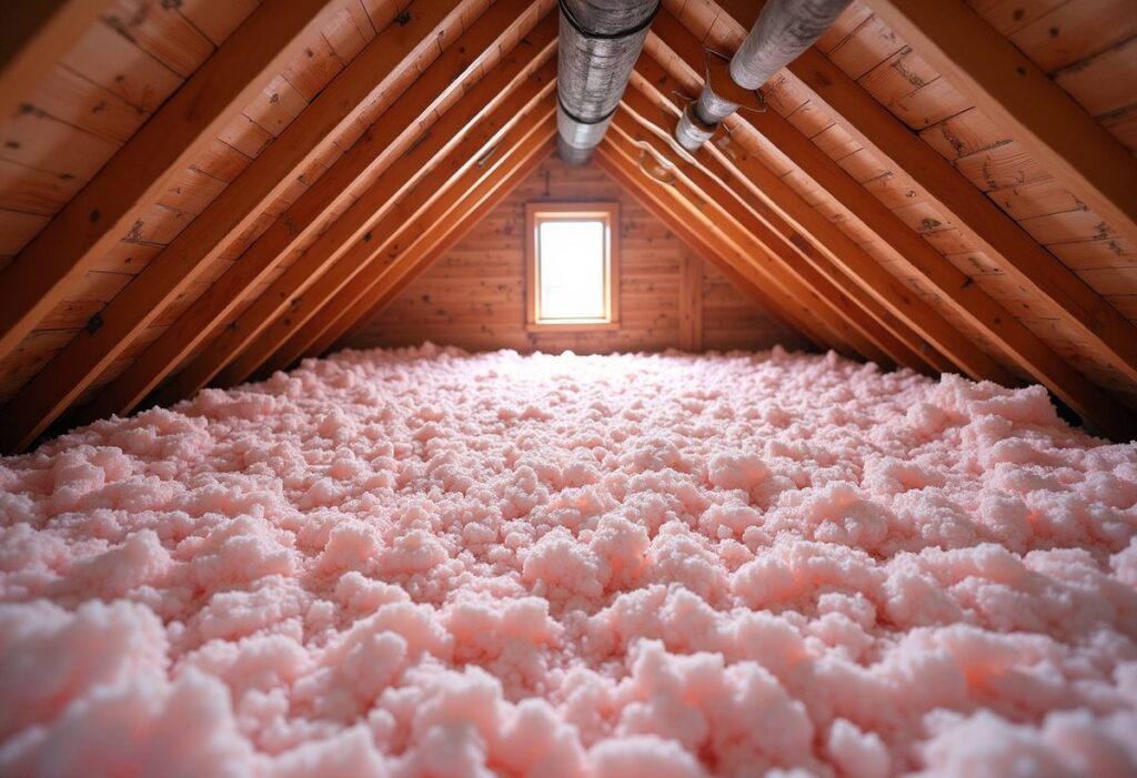 Attic floor topped up with blown-in fibreglass insulation